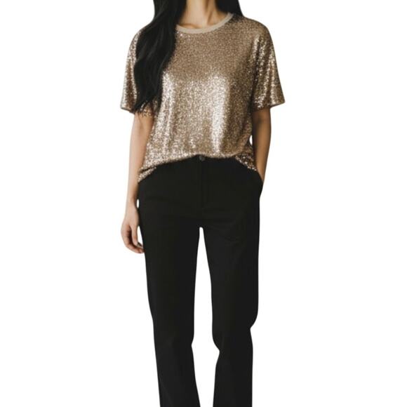 Monteau Champagne Metallic Textured Short Sleeve Top Keyhole Back Shimmer Event - Picture 1 of 15